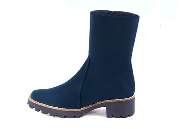 Navy blue women's ankle boots with a zip on the inside. Round toe. Low rubber soles. Profile view - Florence KOOIJMAN